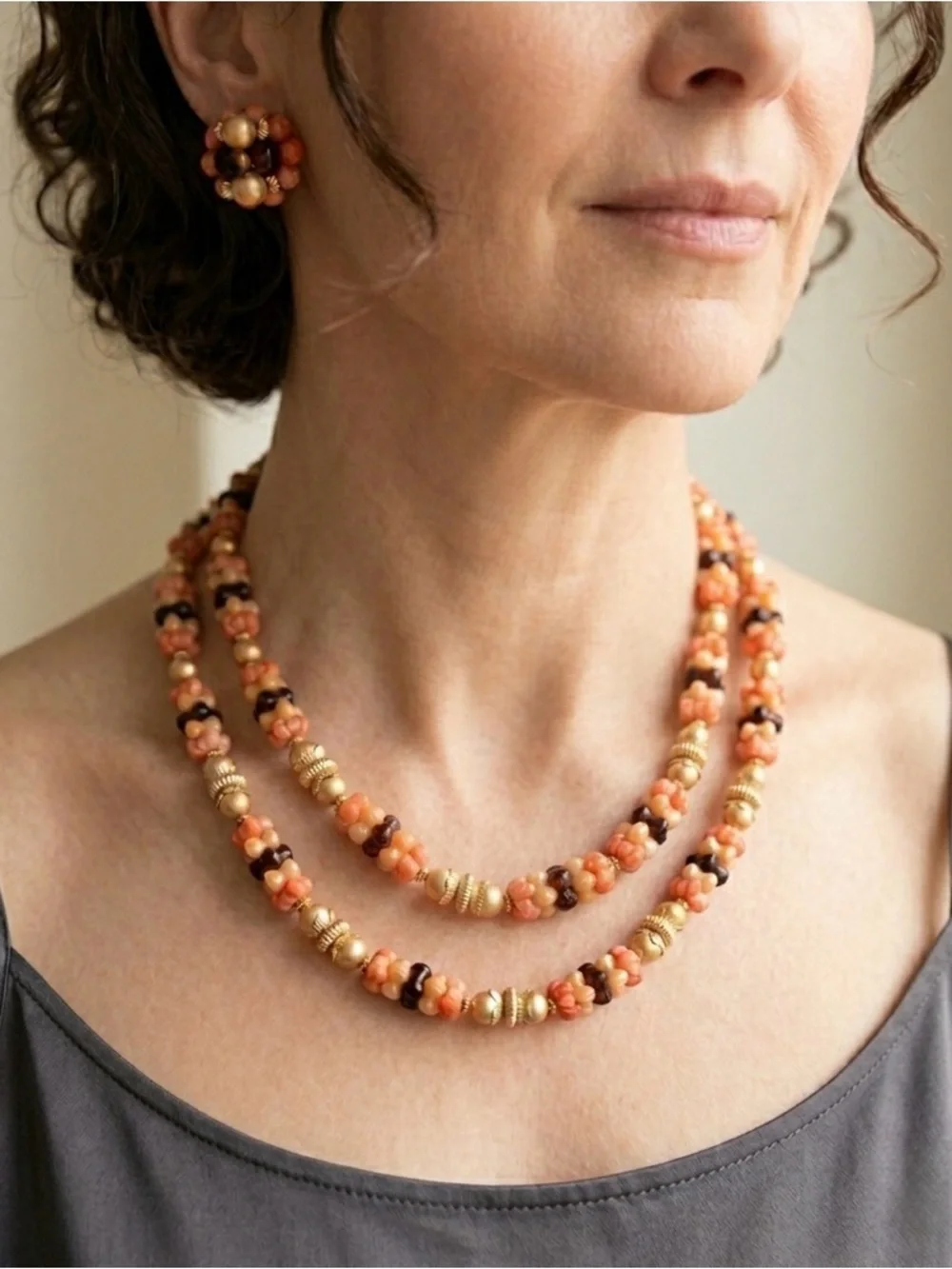 Vintage 3-Strand Beaded Statement Set - Cluster Earrings & Necklace - Picture 1 of 9